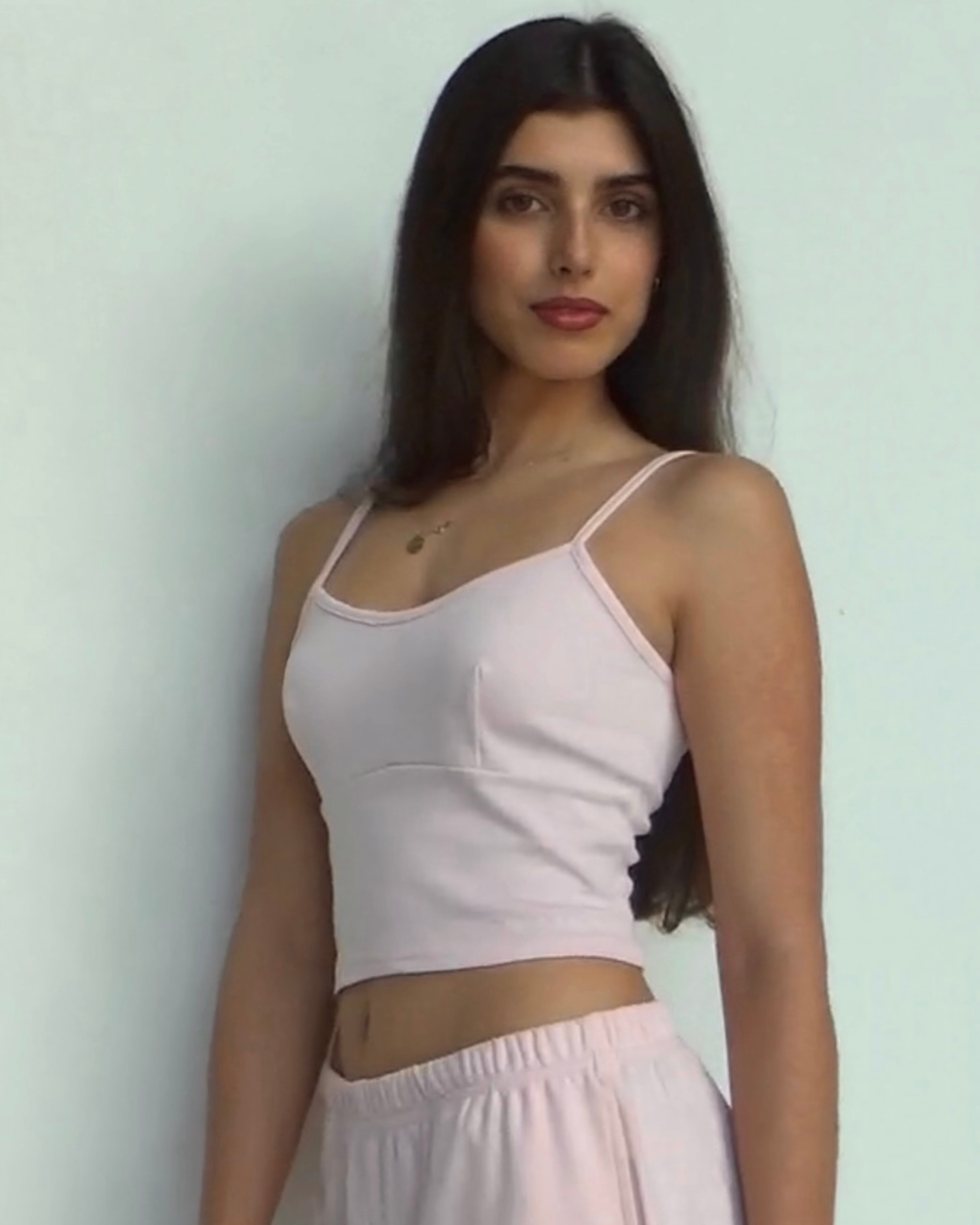 organic cotton strap top in soft pink, front view, cropped length