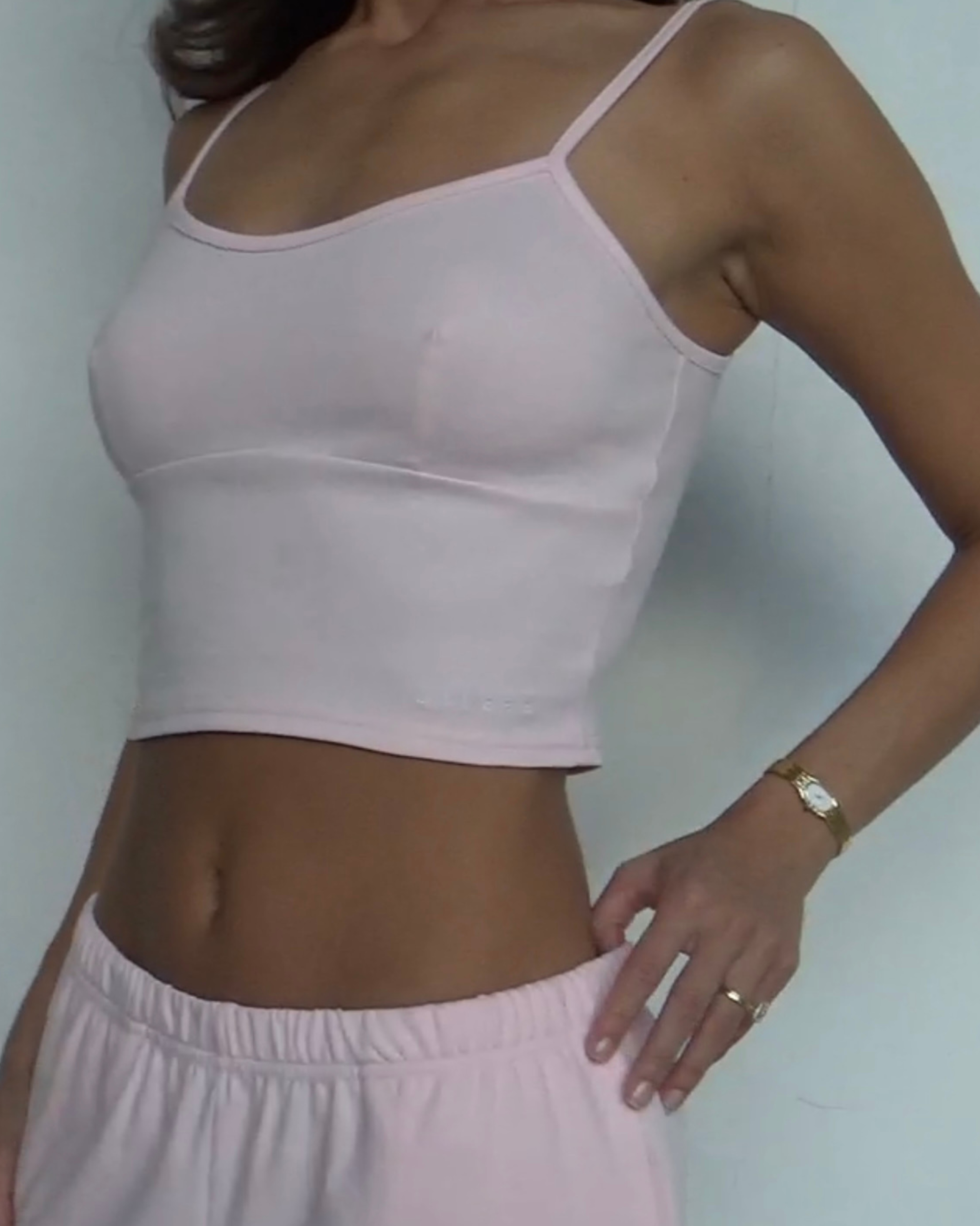 organic cotton strap top in soft pink, side view showing fit and neckline