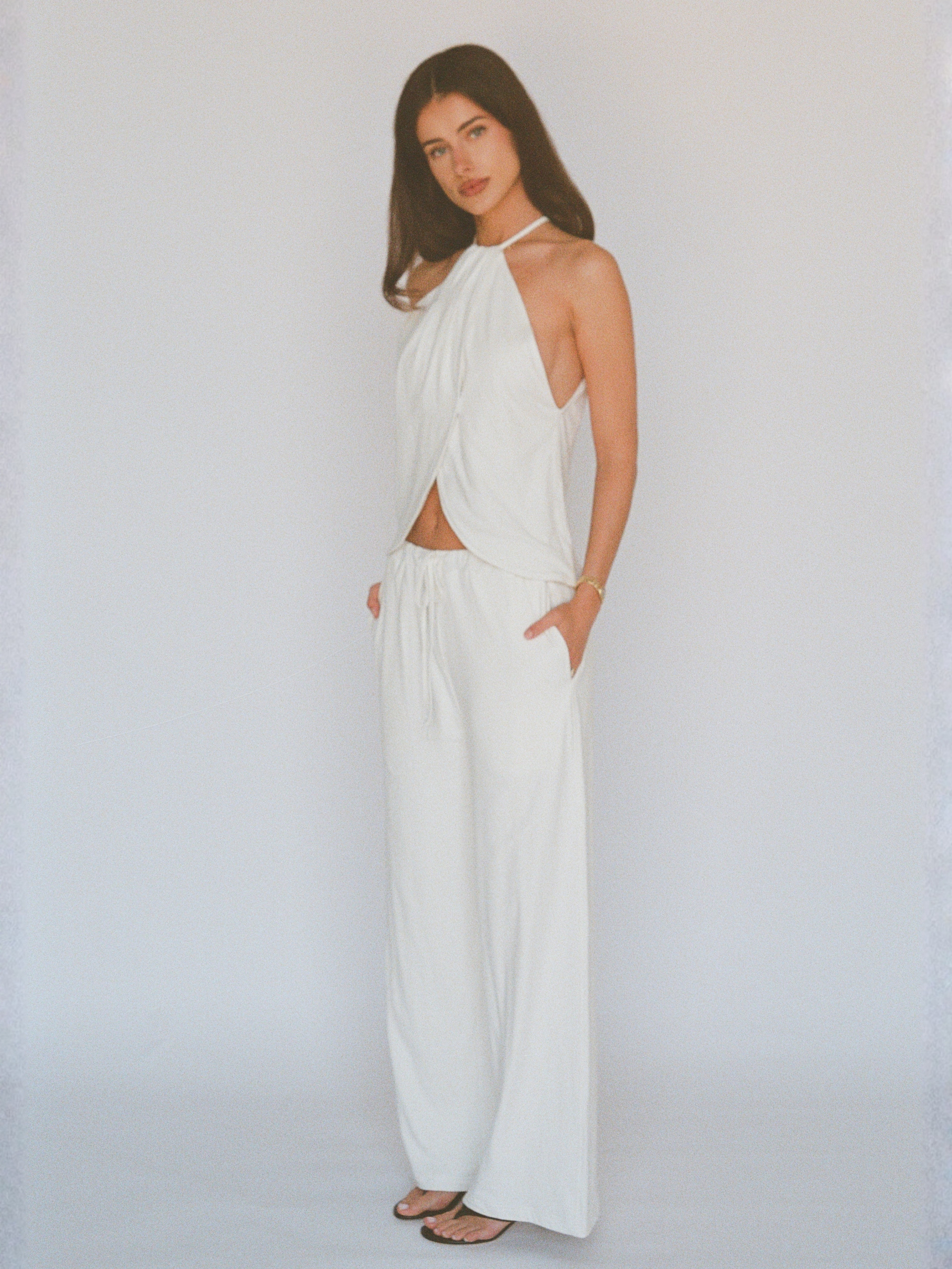 organic cotton linen wide pant - white
