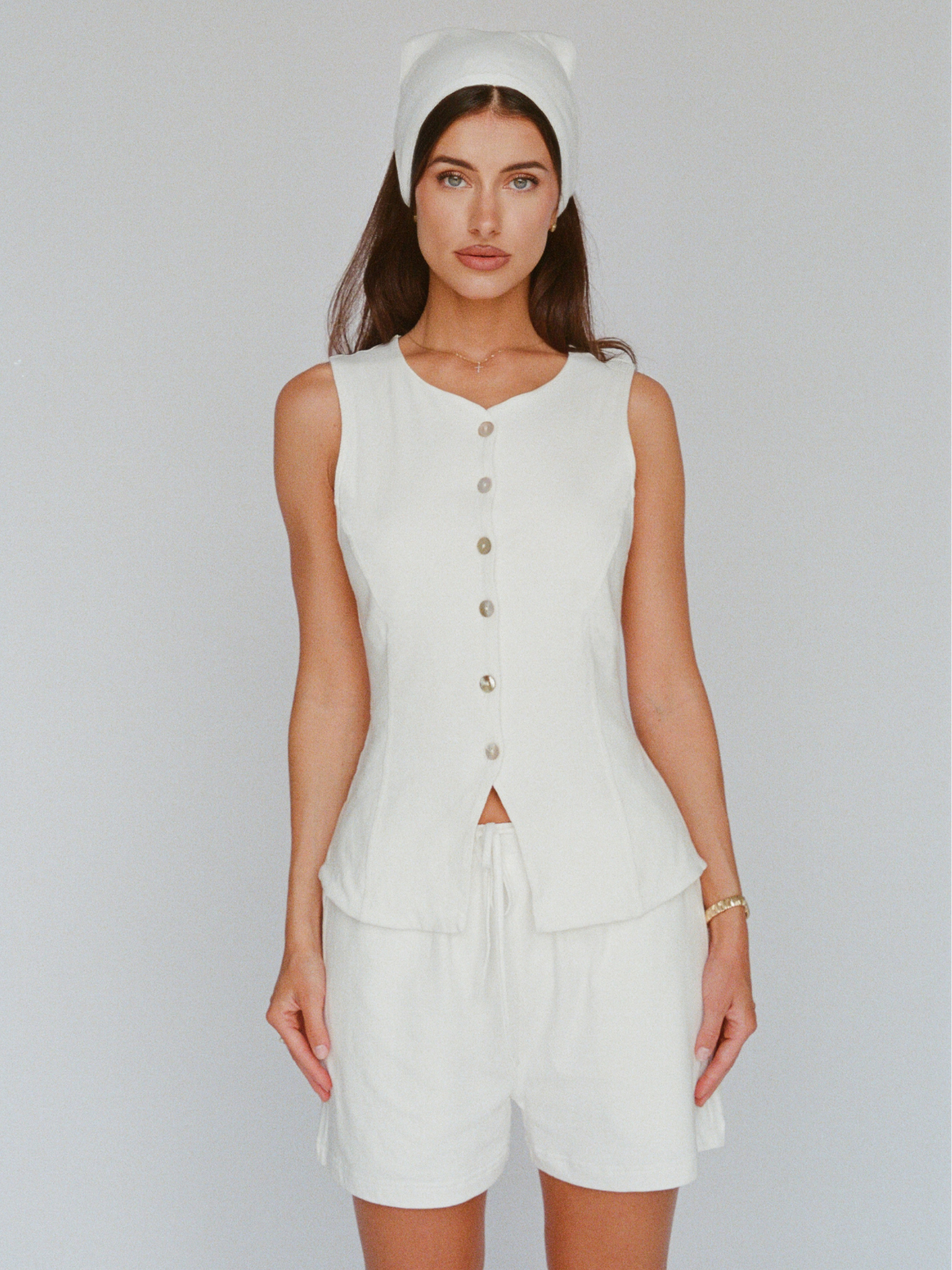 organic cotton linen tailored vest – white