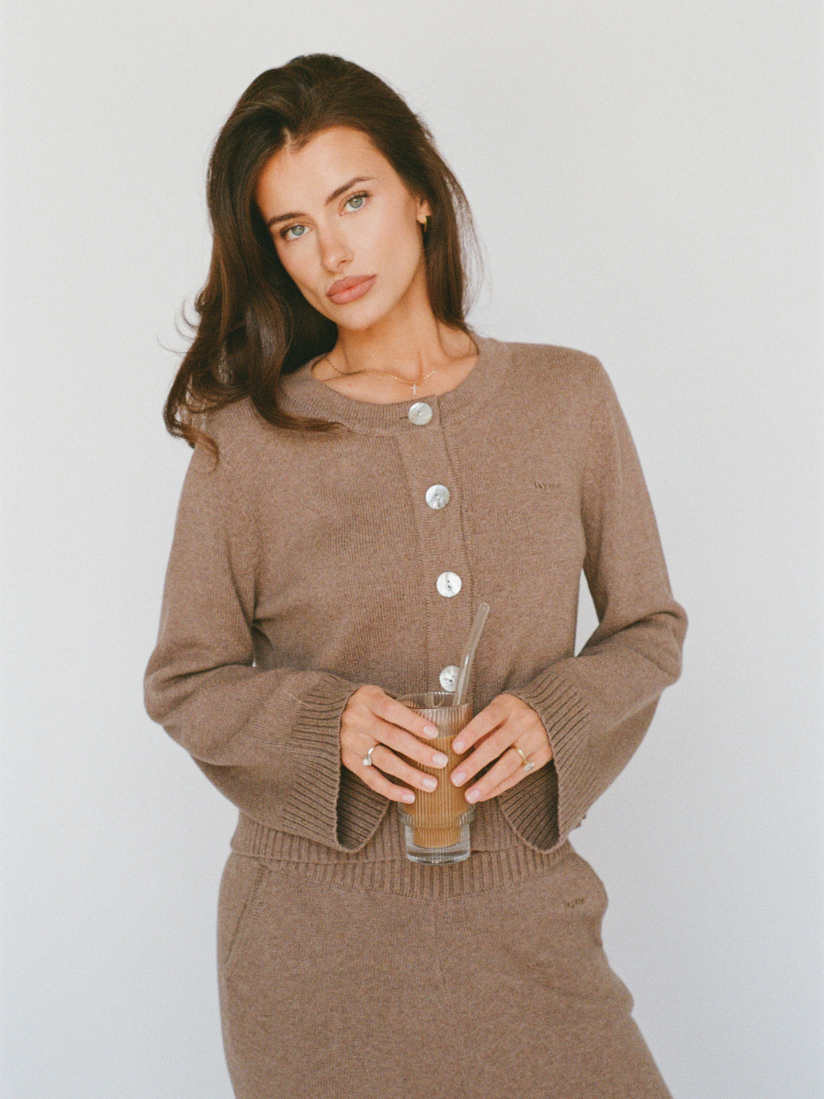 organic cotton cashmere cardigan - latte brown