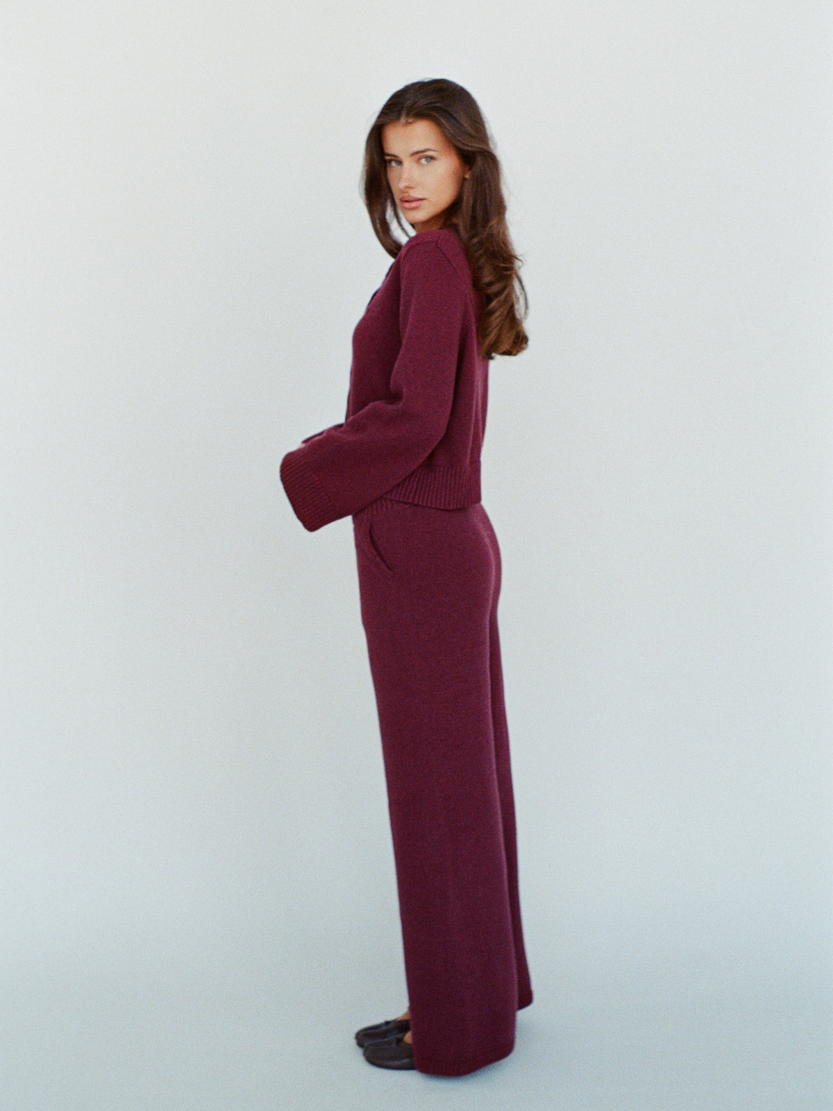 organic cotton cashmere wide pant - cherry red